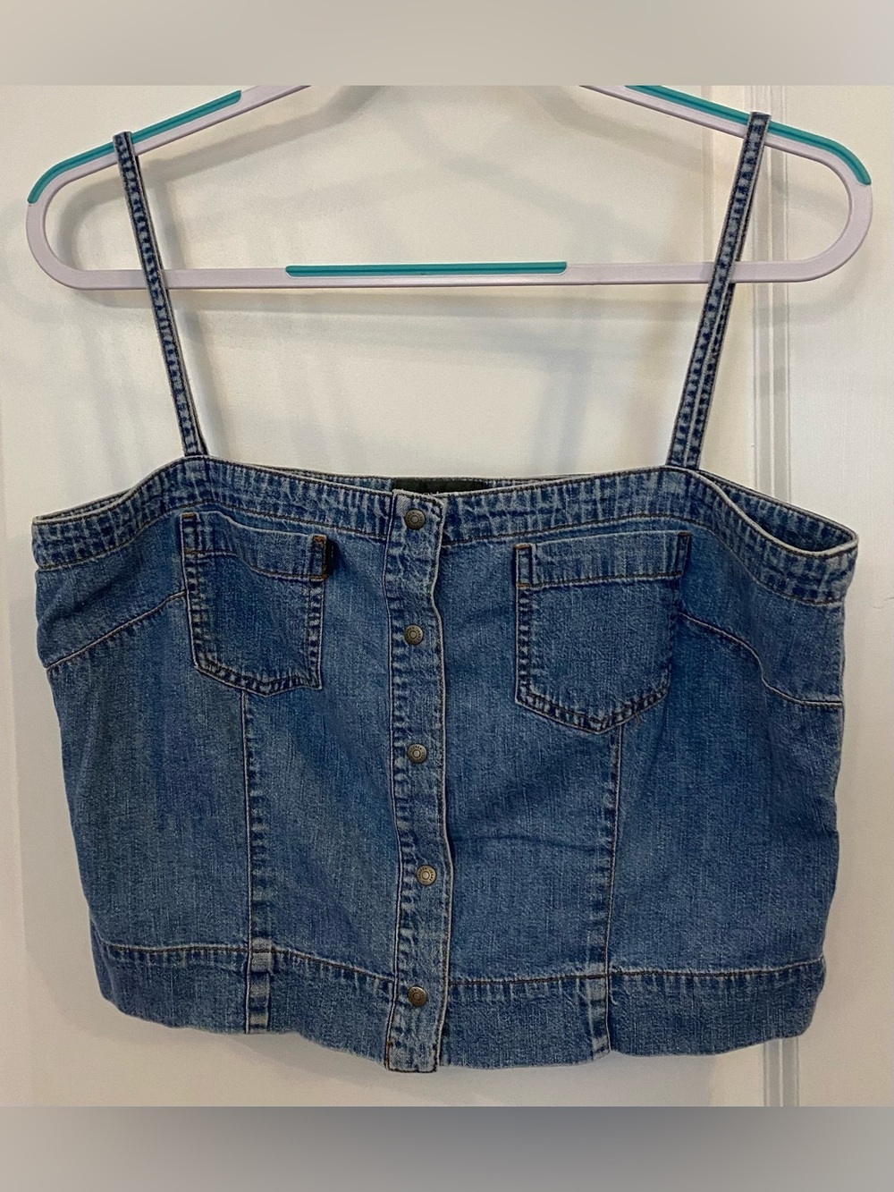 Lauren Jeans Co RL Denim Corset Crop Top Black Label Sz 12 Blue Vtg Snap Front